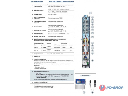 Насос скважинный с солнечной панелью Pedrollo FLUID SOLAR 1/10 с пультом